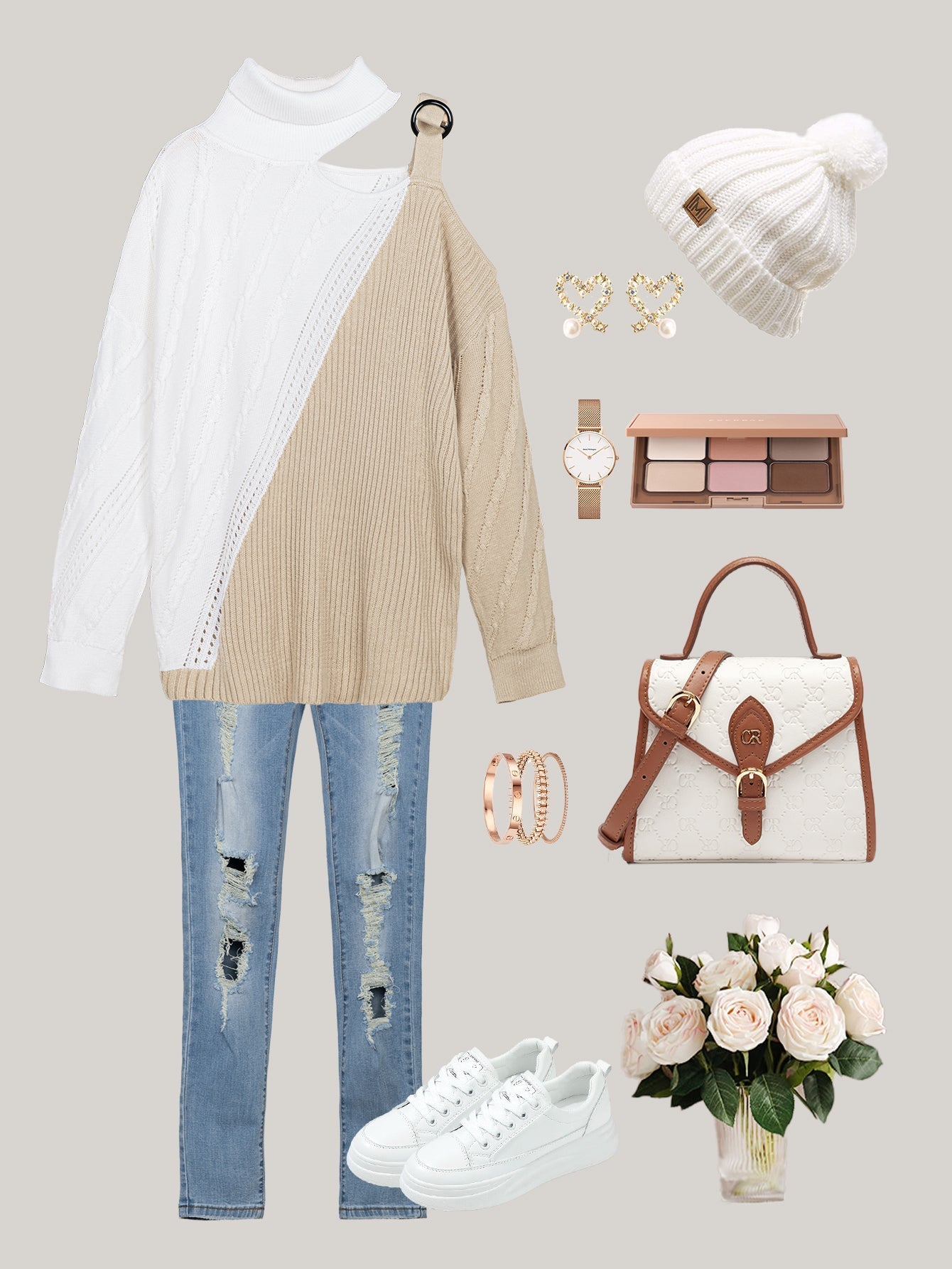 Women's Color Block Turtleneck Cold Shoulder Sweater Long Sleeve Pullover Fashion Knit Tops Sai Feel