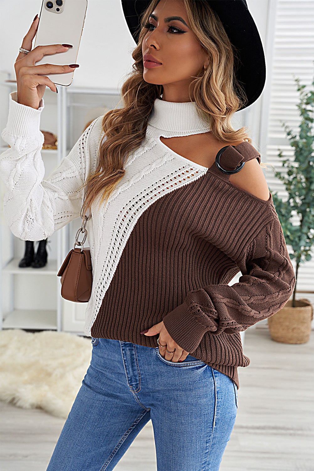 Women's Color Block Turtleneck Cold Shoulder Sweater Long Sleeve Pullover Fashion Knit Tops Sai Feel