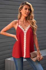 Women's Deep V Neck Spaghetti Strap Blouse Solid Color Lace Cami Tanks Top Sai Feel