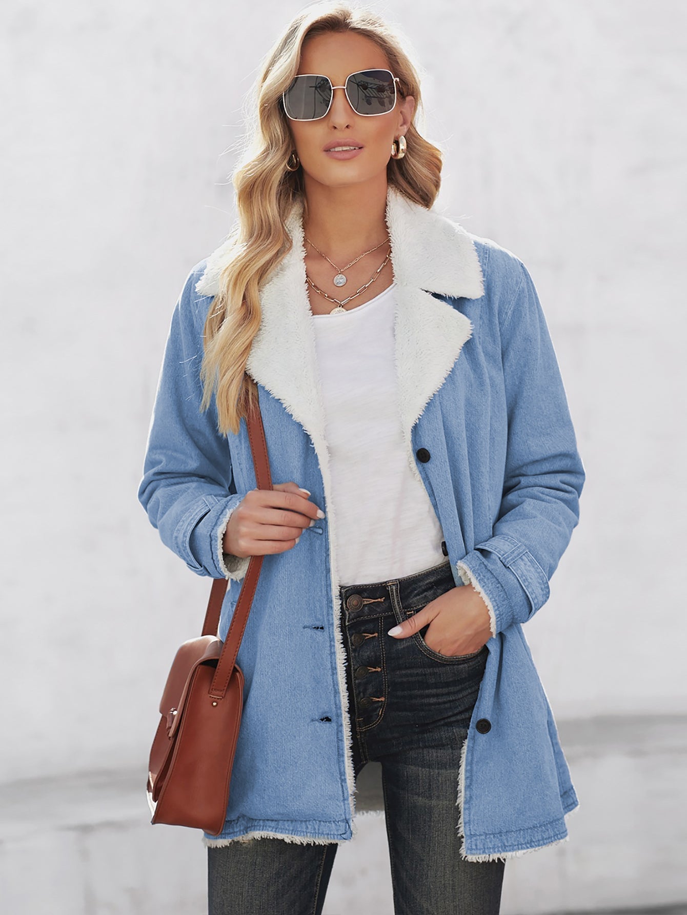 Women's  Denim Casual Long Sleeve Stand Collar Button Down Sherpa Fleece Jacket Coat Outerwear Sai Feel