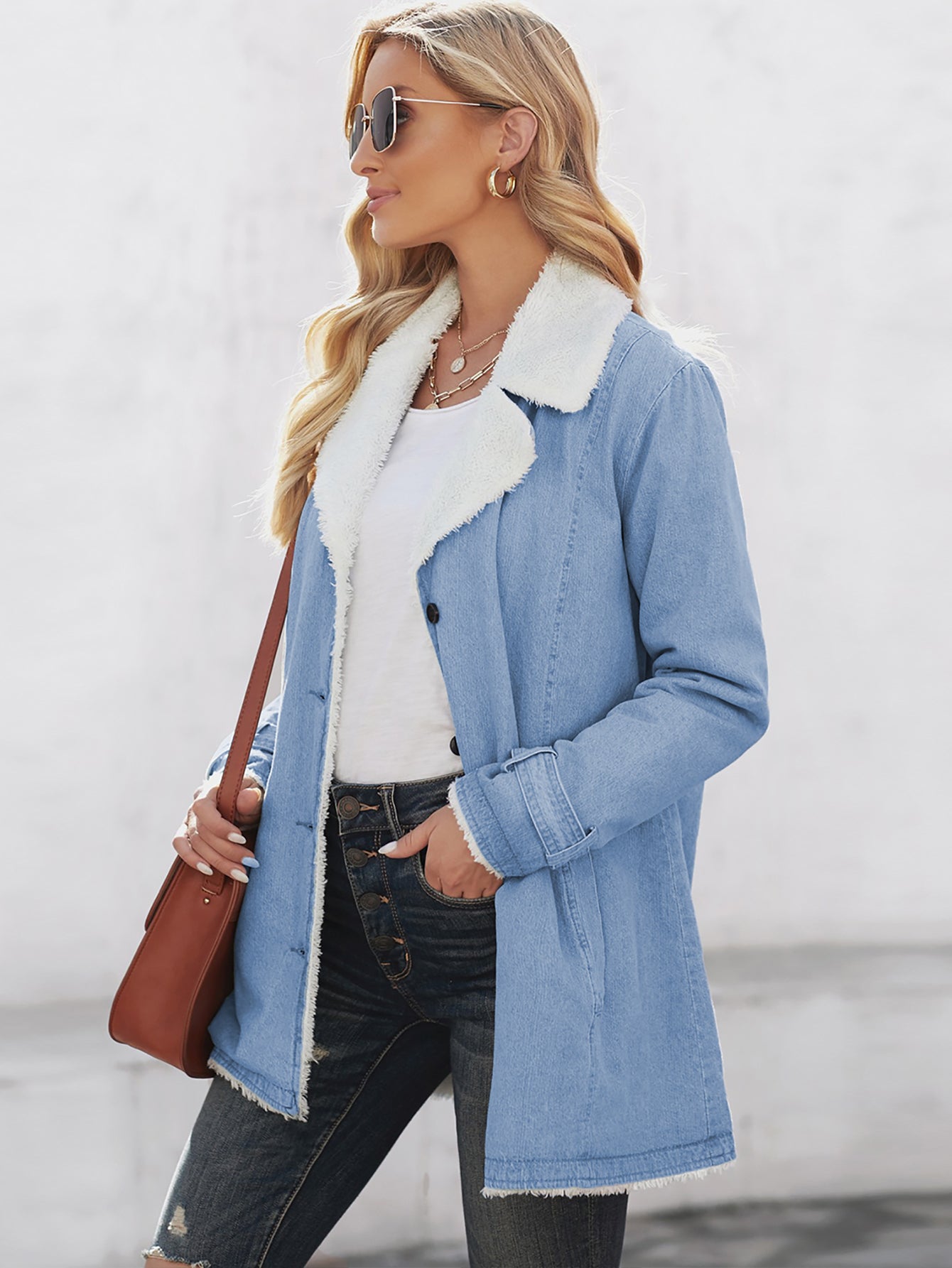 Women's  Denim Casual Long Sleeve Stand Collar Button Down Sherpa Fleece Jacket Coat Outerwear Sai Feel