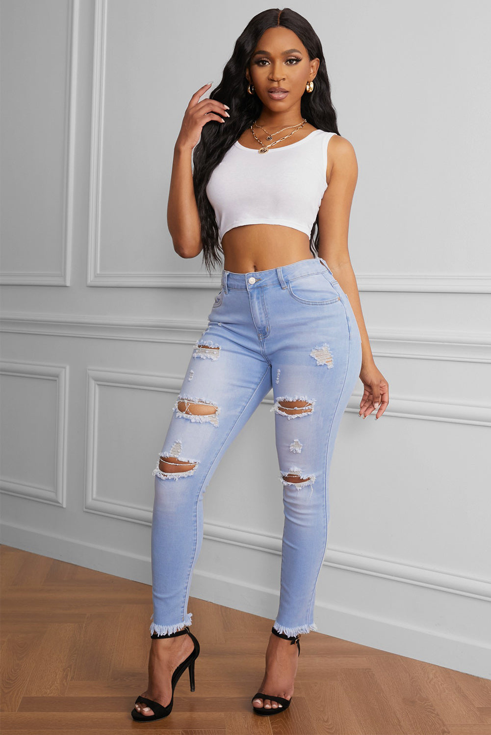 Women's Distressed Ripped Mid Waisted Straight Leg Denim Pants Totally Shaping Skinny Jeans Sai Feel