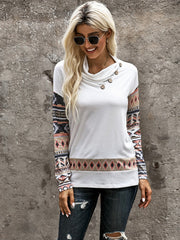 Women's Drop Shoulder Buttons Turtleneck Color Block Long Sleeve Pullover Tops Blouse Sai Feel