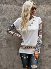 Women's Drop Shoulder Buttons Turtleneck Color Block Long Sleeve Pullover Tops Blouse Sai Feel
