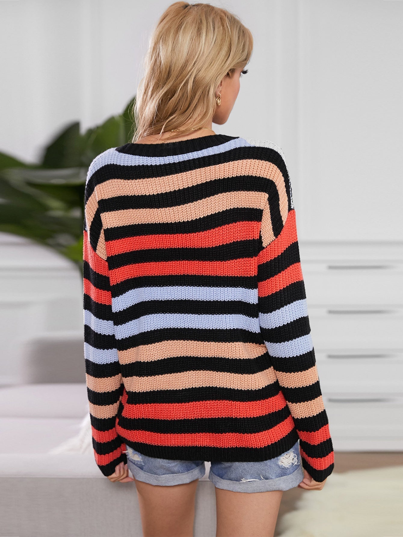 Women's Drop Shoulder Color Block Striped Crewneck Long Sleeve Pullover Tops Knitted Sweater Sai Feel