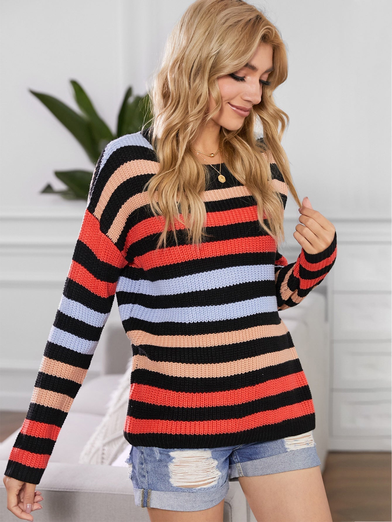 Women's Drop Shoulder Color Block Striped Crewneck Long Sleeve Pullover Tops Knitted Sweater Sai Feel