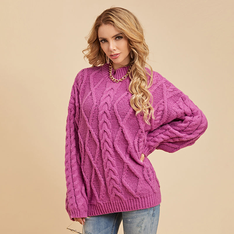 Women's Drop Shoulder Long-sleeved Cable Knit Sweater Loose Half High Neck Pullover Sweater Sai Feel