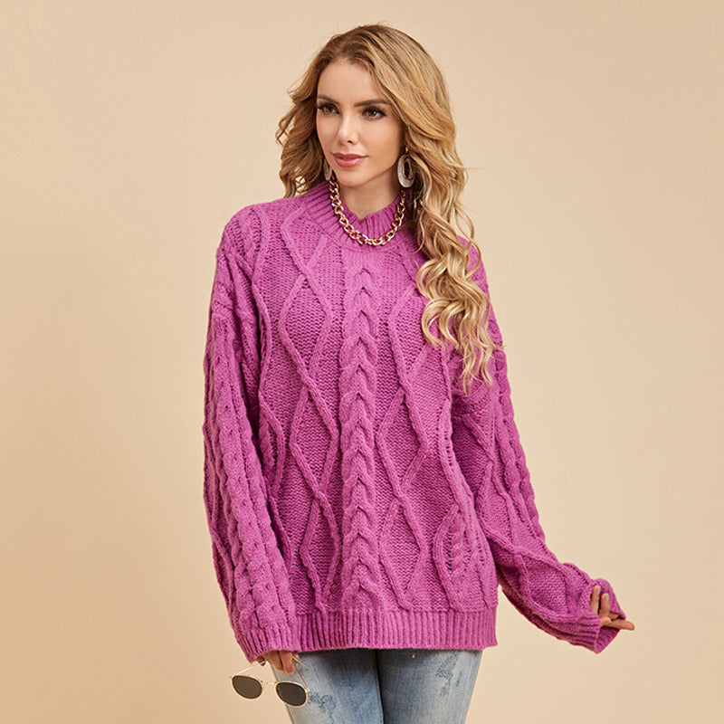 Women's Drop Shoulder Long-sleeved Cable Knit Sweater Loose Half High Neck Pullover Sweater Sai Feel