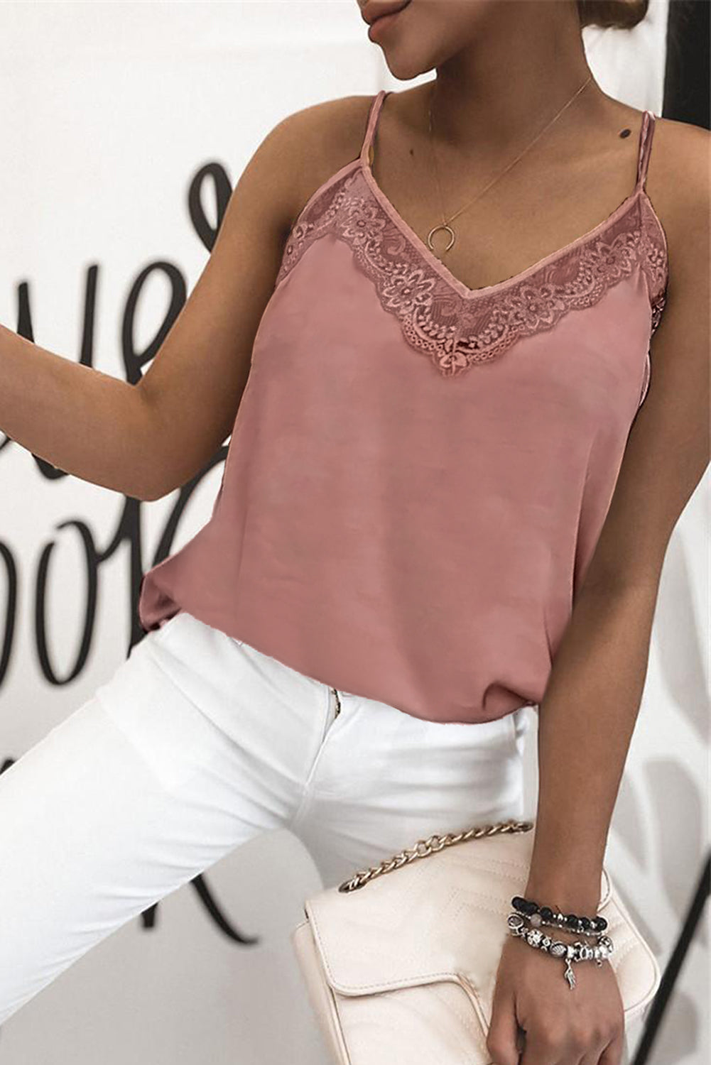Women's Elegant Lace Cami Tanks Tops Solid Color V Neck Sleeveless Blouse Sai Feel