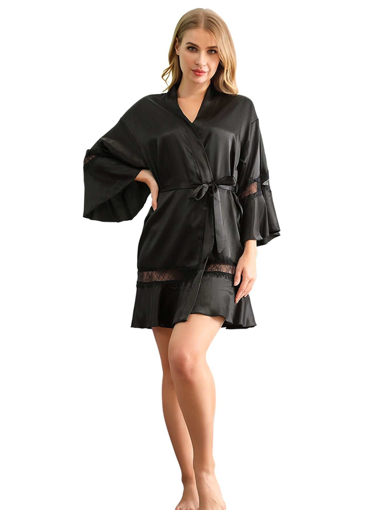 Women's Elegant Lace elegant  Splicing Satin Night-robe Sai Feel