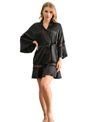 Women's Elegant Lace elegant  Splicing Satin Night-robe Sai Feel