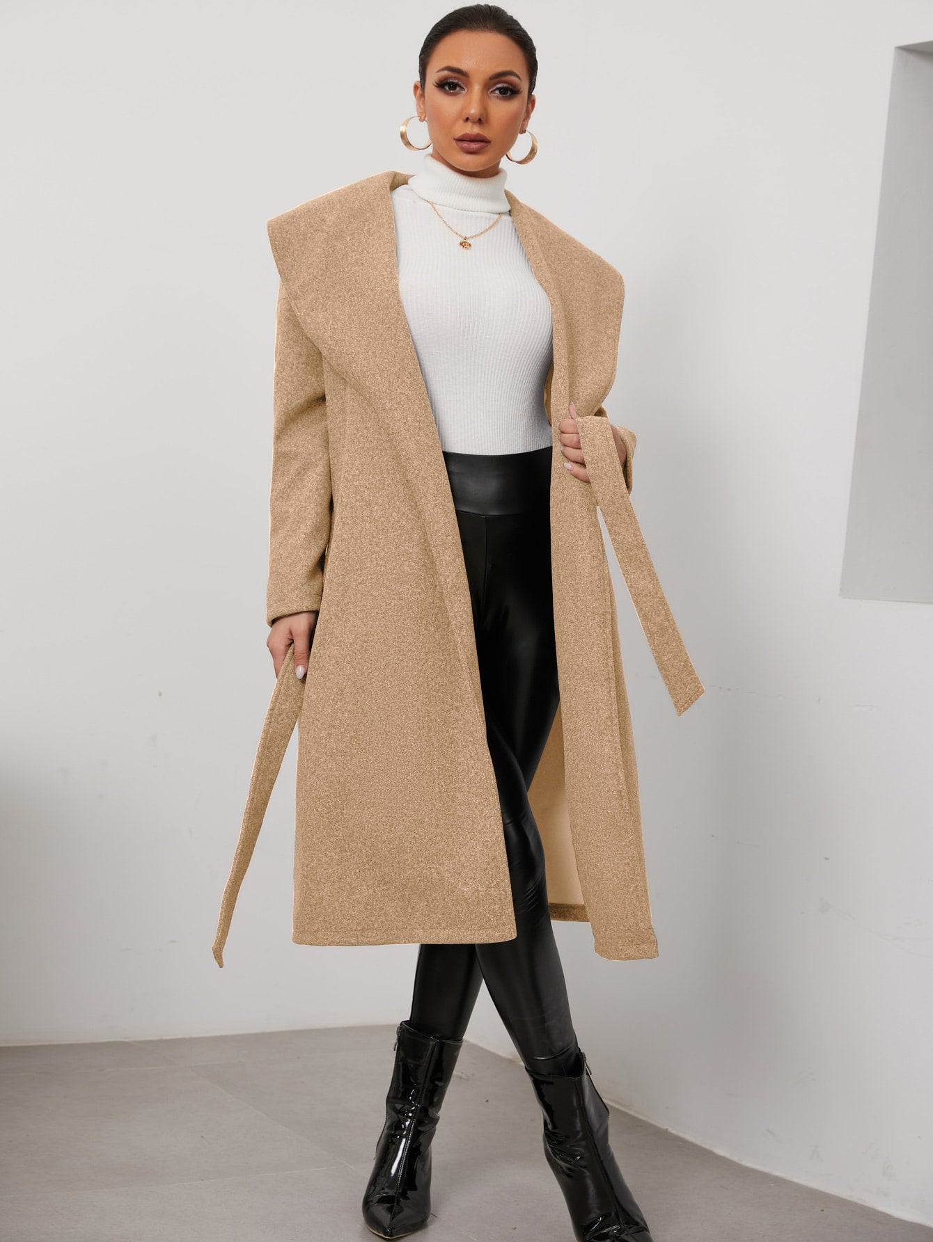 Women's Elegant Lapel Collar Regular Overcoat Coat Belt Sai Feel