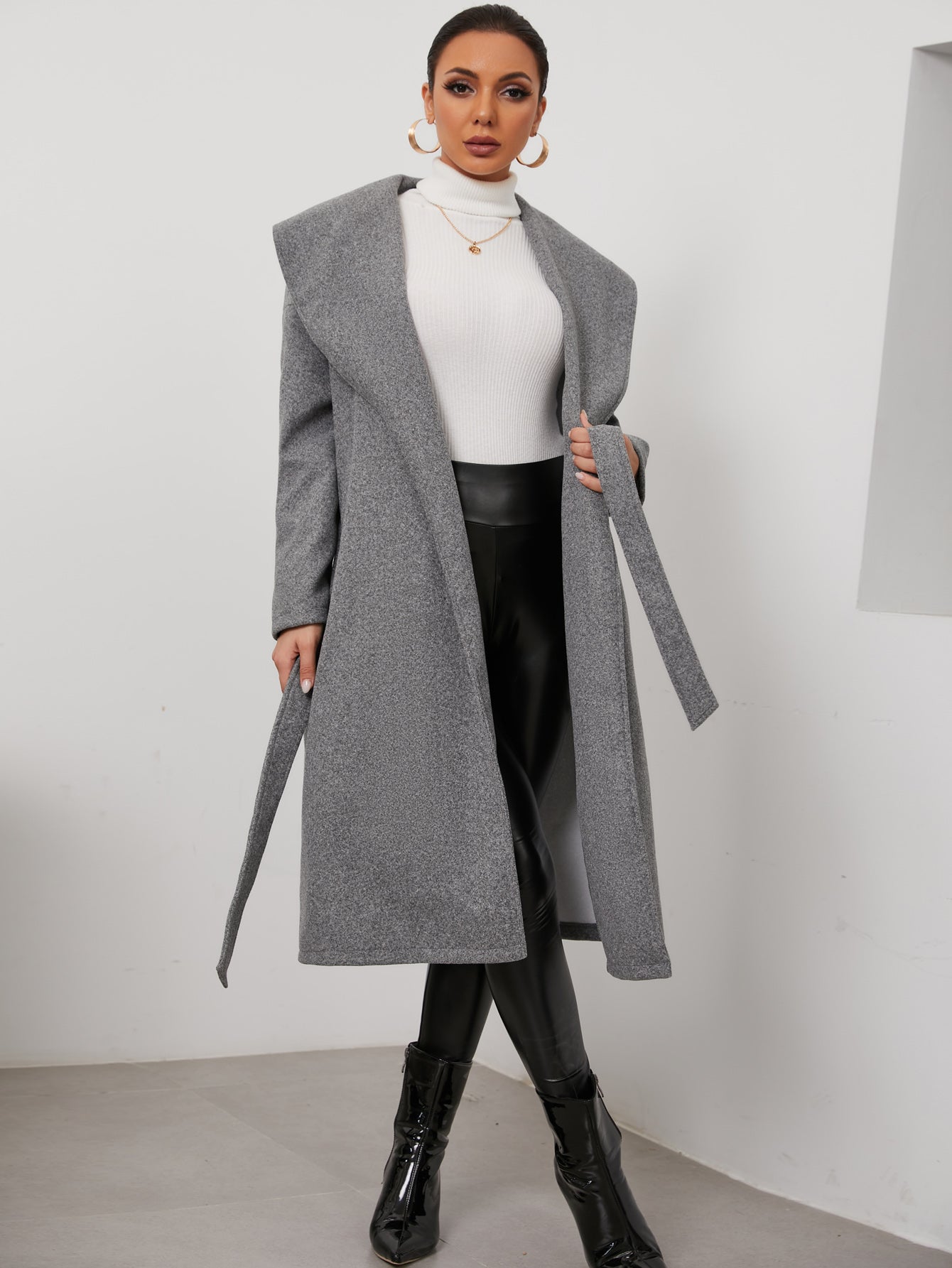 Women's Elegant Lapel Collar Regular Overcoat Coat Belt Sai Feel