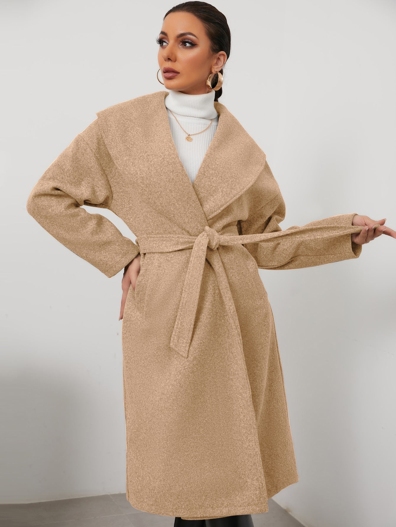 Women's Elegant Lapel Collar Regular Overcoat Coat Belt Sai Feel