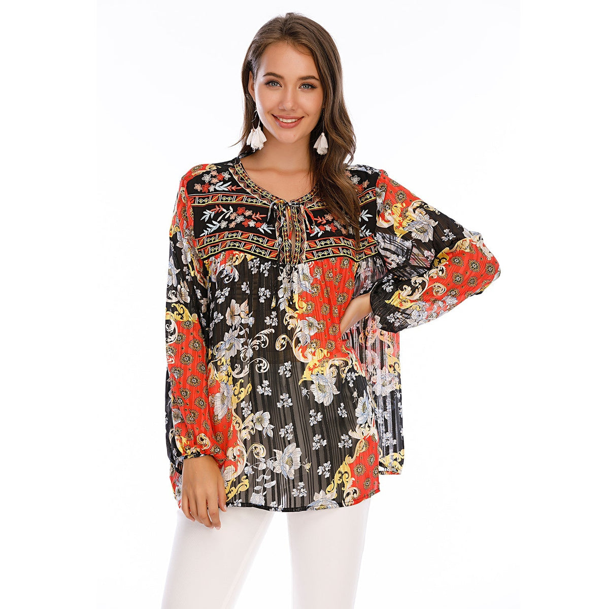 Women's Embroidered Printed Ethnic Style Loose Casual Chiffon Shirt Top Sai Feel
