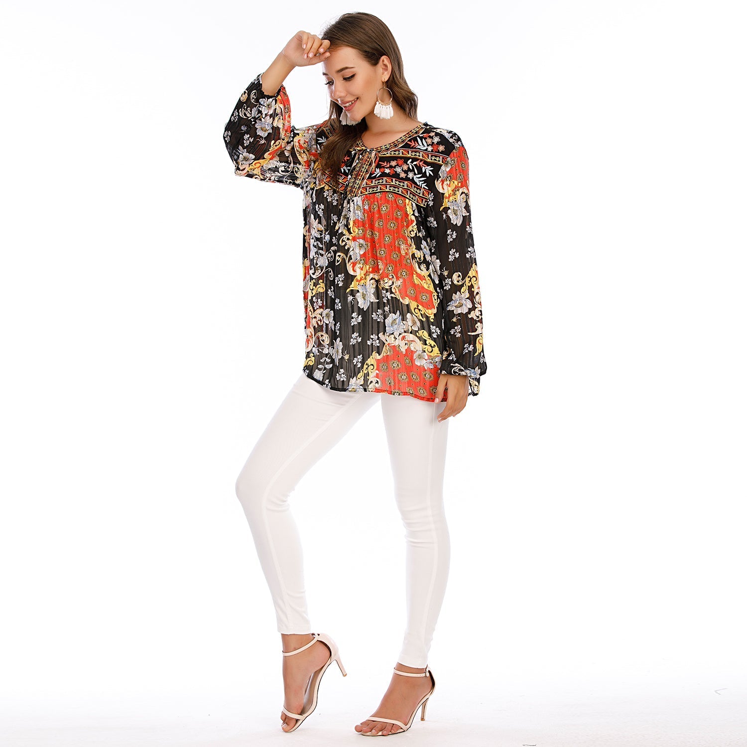 Women's Embroidered Printed Ethnic Style Loose Casual Chiffon Shirt Top Sai Feel