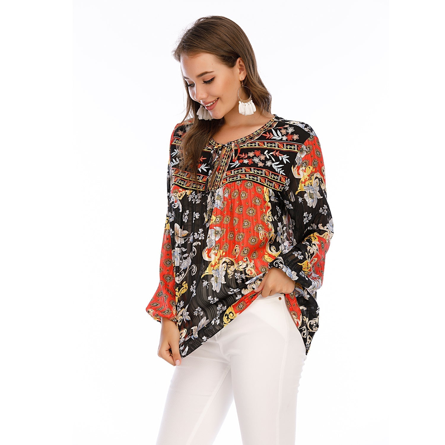 Women's Embroidered Printed Ethnic Style Loose Casual Chiffon Shirt Top Sai Feel