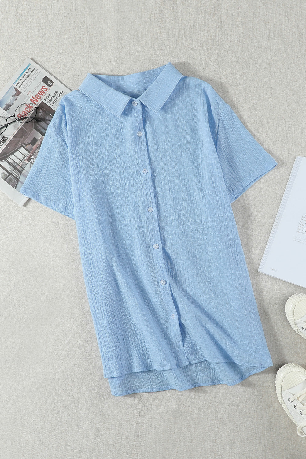 Women's Fashion Button Down Shirt Short Sleeve Loose Lightweight Airy Blouse Top Sai Feel