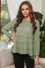 Women's Fashion Casual 3/4 Sleeve Solid Color Lotus Leaf High Low Hem Crew Collar Shirt Blouses Top Sai Feel