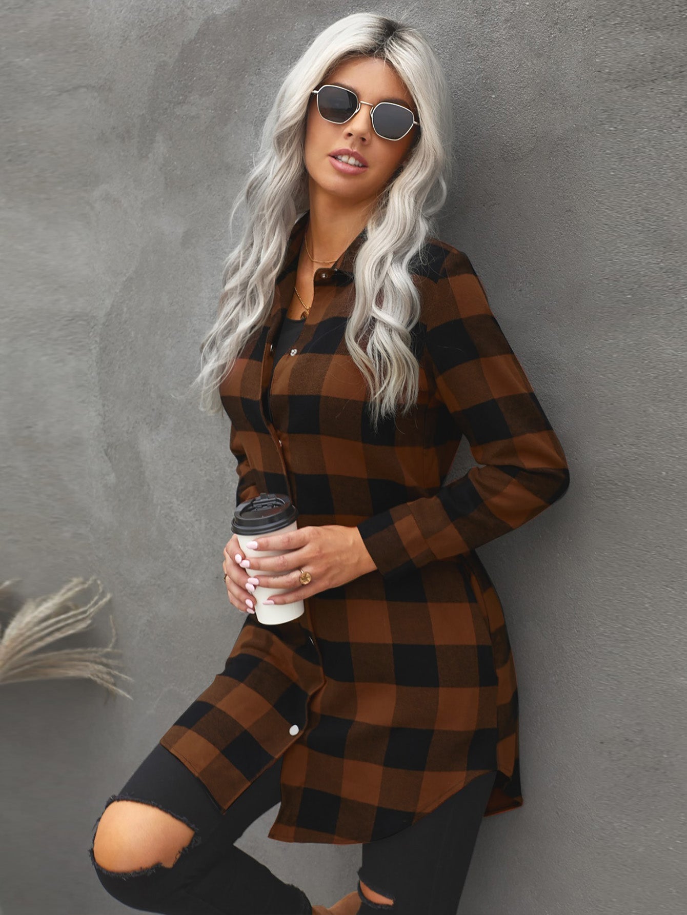 Women's Fashion Color Block Plaid Shirt Button Down Long Sleeve Turtleneck Jacket Sai Feel