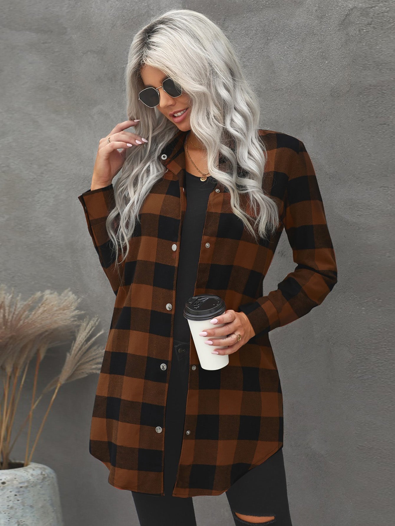 Women's Fashion Color Block Plaid Shirt Button Down Long Sleeve Turtleneck Jacket Sai Feel