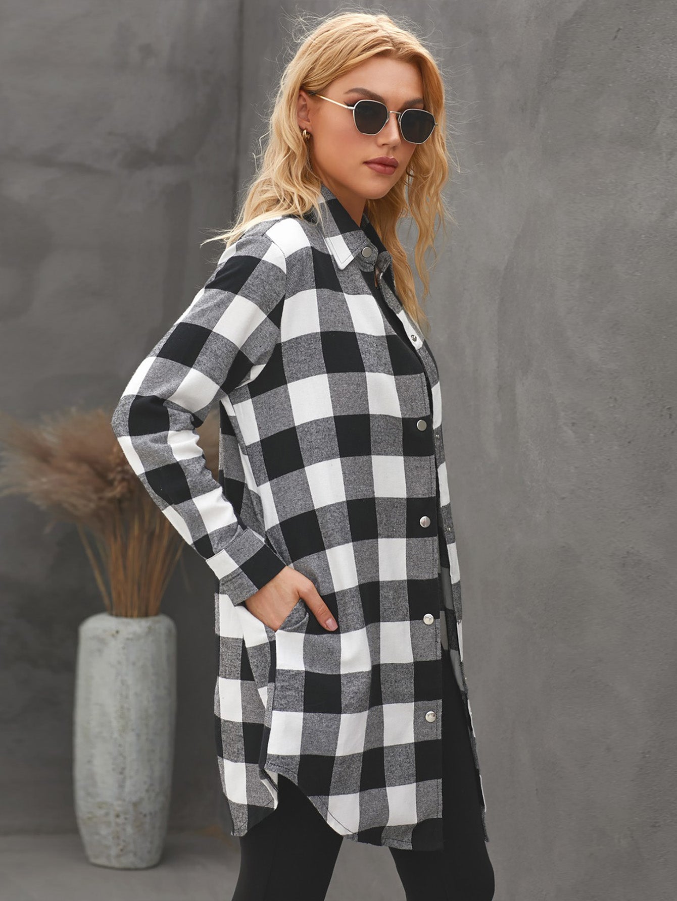 Women's Fashion Color Block Plaid Shirt Button Down Long Sleeve Turtleneck Jacket Sai Feel