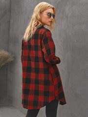 Women's Fashion Color Block Plaid Shirt Button Down Long Sleeve Turtleneck Jacket Sai Feel