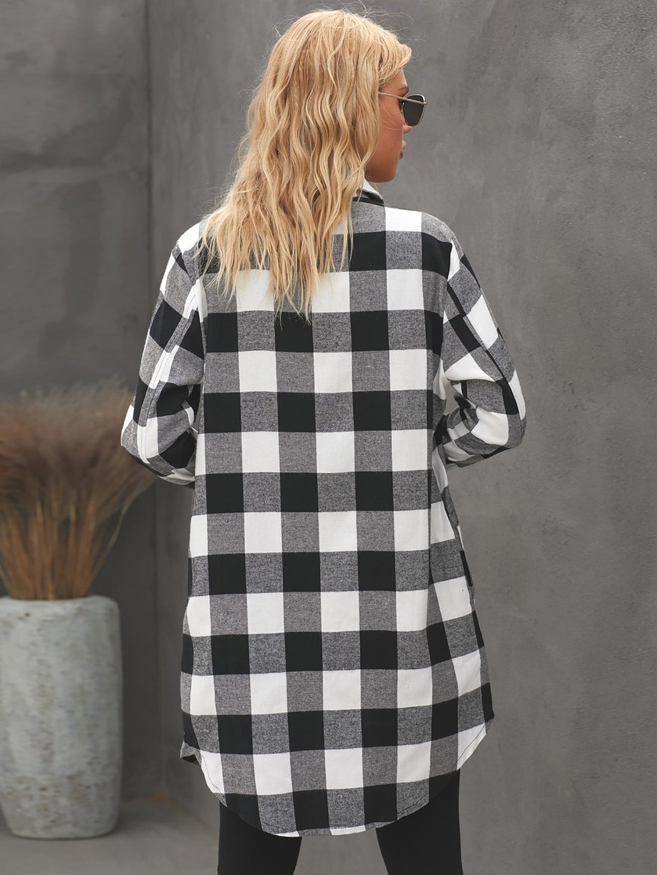 Women's Fashion Color Block Plaid Shirt Button Down Long Sleeve Turtleneck Jacket Sai Feel