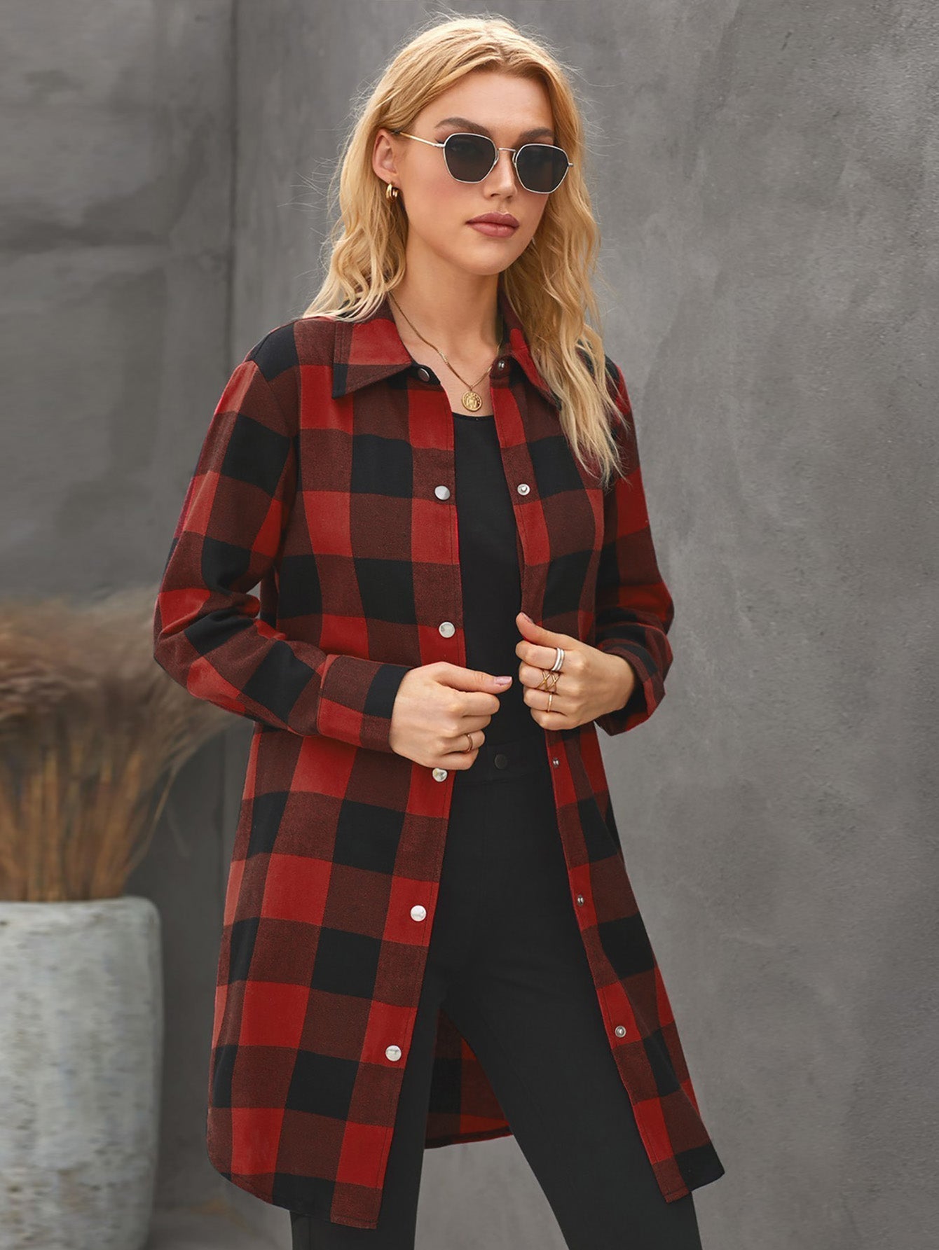 Women's Fashion Color Block Plaid Shirt Button Down Long Sleeve Turtleneck Jacket Sai Feel