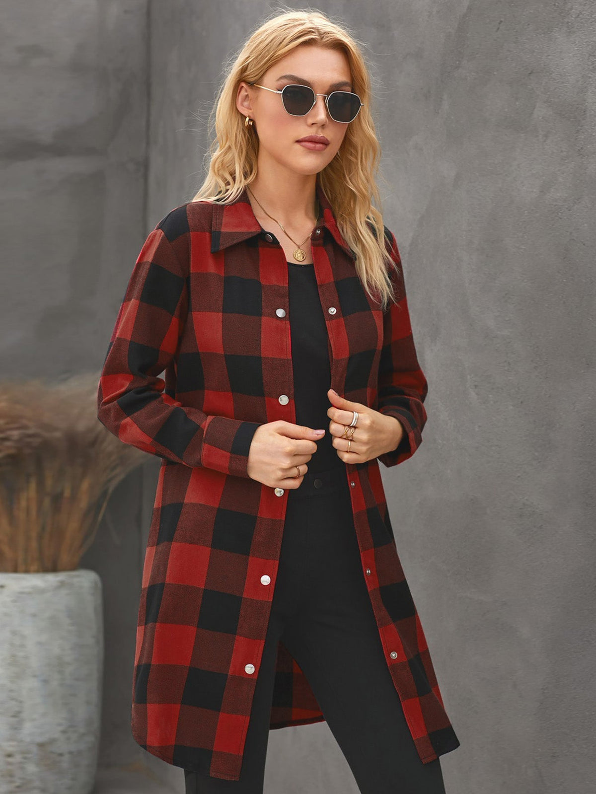 Women's Fashion Color Block Plaid Shirt Button Down Long Sleeve Turtleneck Jacket Sai Feel