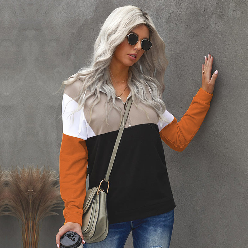 Women's Fashion Color Block Quarter Zip Drawstring Pullover Hoodie Sai Feel