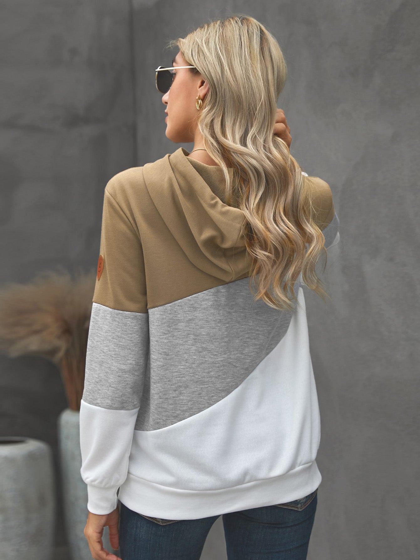 Women's Fashion Cowl Neck Color Block Loose Fitting Sweatshirt Long Sleeve Hoodie Sai Feel