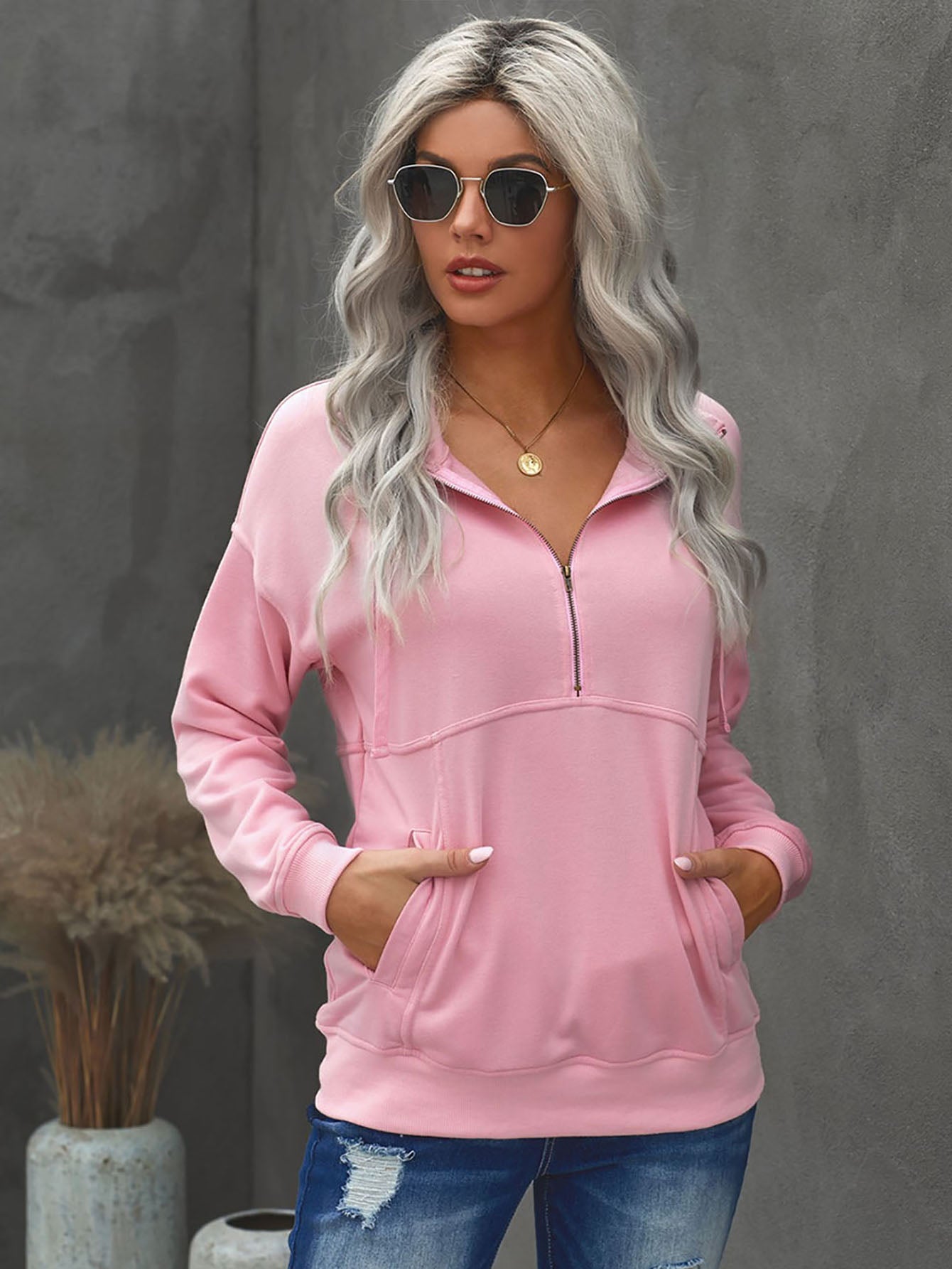 Women's Fashion Drawstring Solid Color Long Sleeve Zipper Neckline Pullover Kangaroo Pocket Outwear Sai Feel