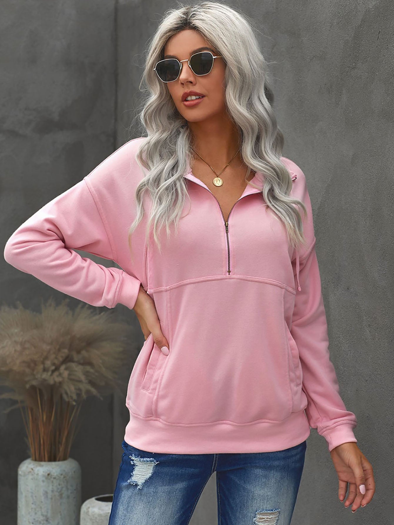 Women's Fashion Drawstring Solid Color Long Sleeve Zipper Neckline Pullover Kangaroo Pocket Outwear Sai Feel