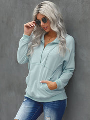 Women's Fashion Drawstring Solid Color Long Sleeve Zipper Neckline Pullover Kangaroo Pocket Outwear Sai Feel