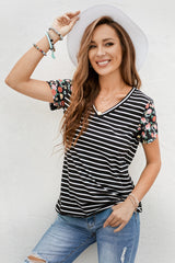 Women's Fashion Floral Print Short Sleeve T-Shirt V Neck Striped Blouse Summer Casual Tops Sai Feel