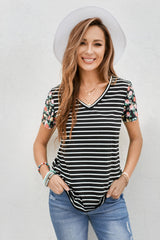 Women's Fashion Floral Print Short Sleeve T-Shirt V Neck Striped Blouse Summer Casual Tops Sai Feel