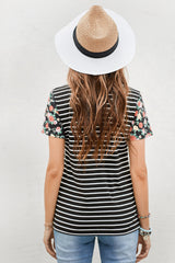 Women's Fashion Floral Print Short Sleeve T-Shirt V Neck Striped Blouse Summer Casual Tops Sai Feel