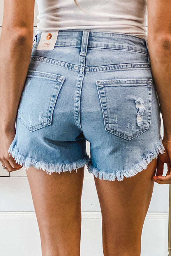Women's Fashion Frayed Rolled Hem Ripped Jeans Mid Rise Pocket Denim Shorts Sai Feel
