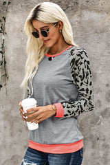 Women's Fashion Leopard Color Block Pullover Long Sleeve Crewneck Sweatshirt Sai Feel