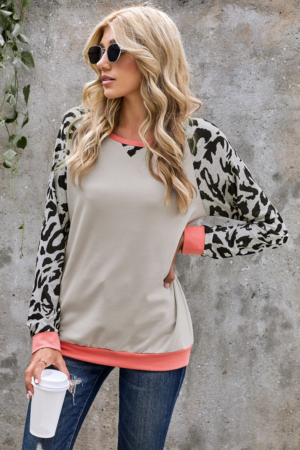 Women's Fashion Leopard Color Block Pullover Long Sleeve Crewneck Sweatshirt Sai Feel