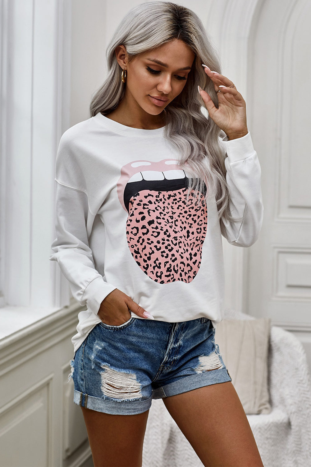 Women's Fashion Lip Leopard Tongue Print Round Neck Long Sleeve Sweatshirt Sai Feel