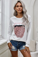 Women's Fashion Lip Leopard Tongue Print Round Neck Long Sleeve Sweatshirt Sai Feel