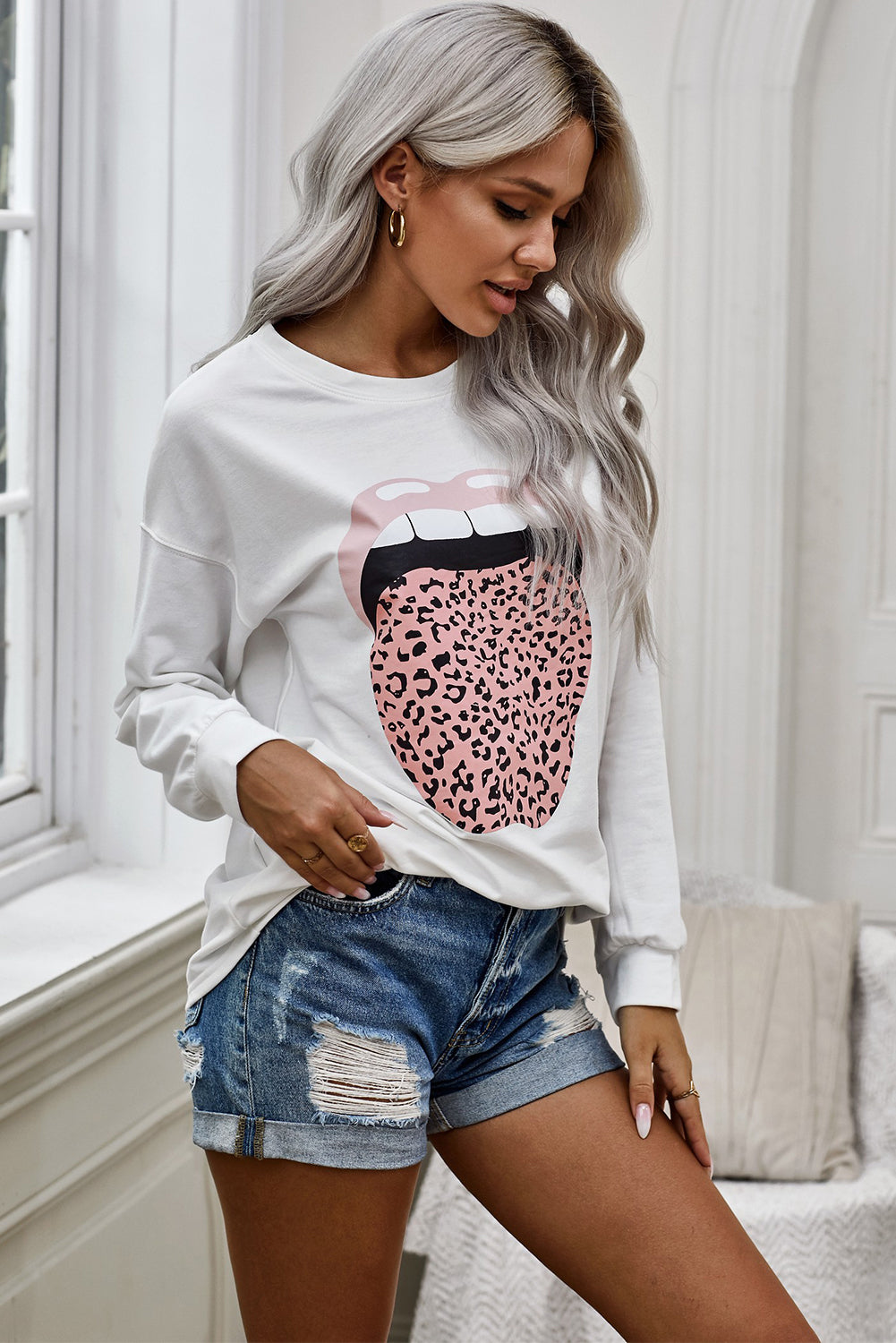 Women's Fashion Lip Leopard Tongue Print Round Neck Long Sleeve Sweatshirt Sai Feel