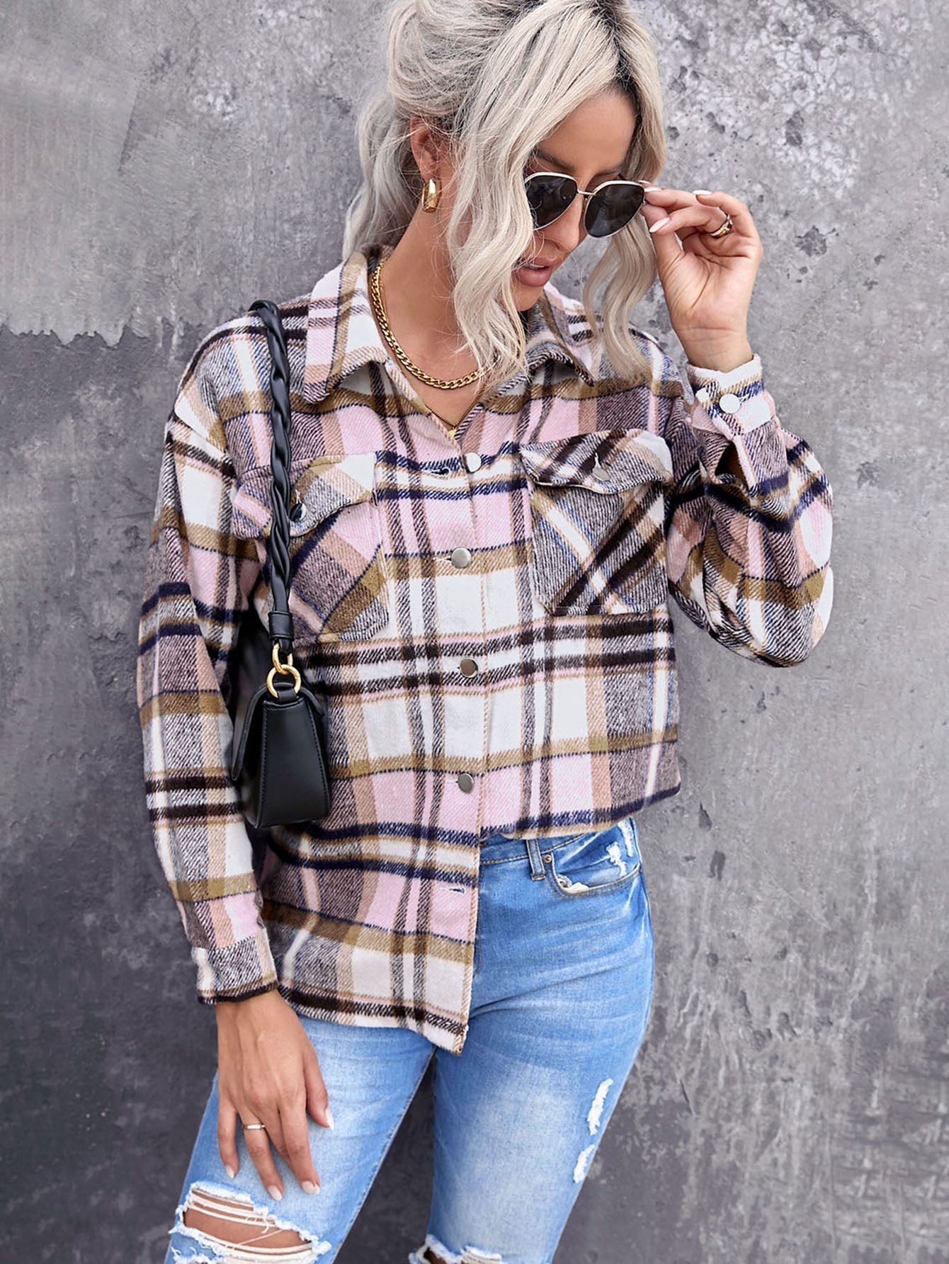 Women's Fashion Plaid Button Down Cardigan Long Sleeve Lapel Outerwear with Pockets Sai Feel