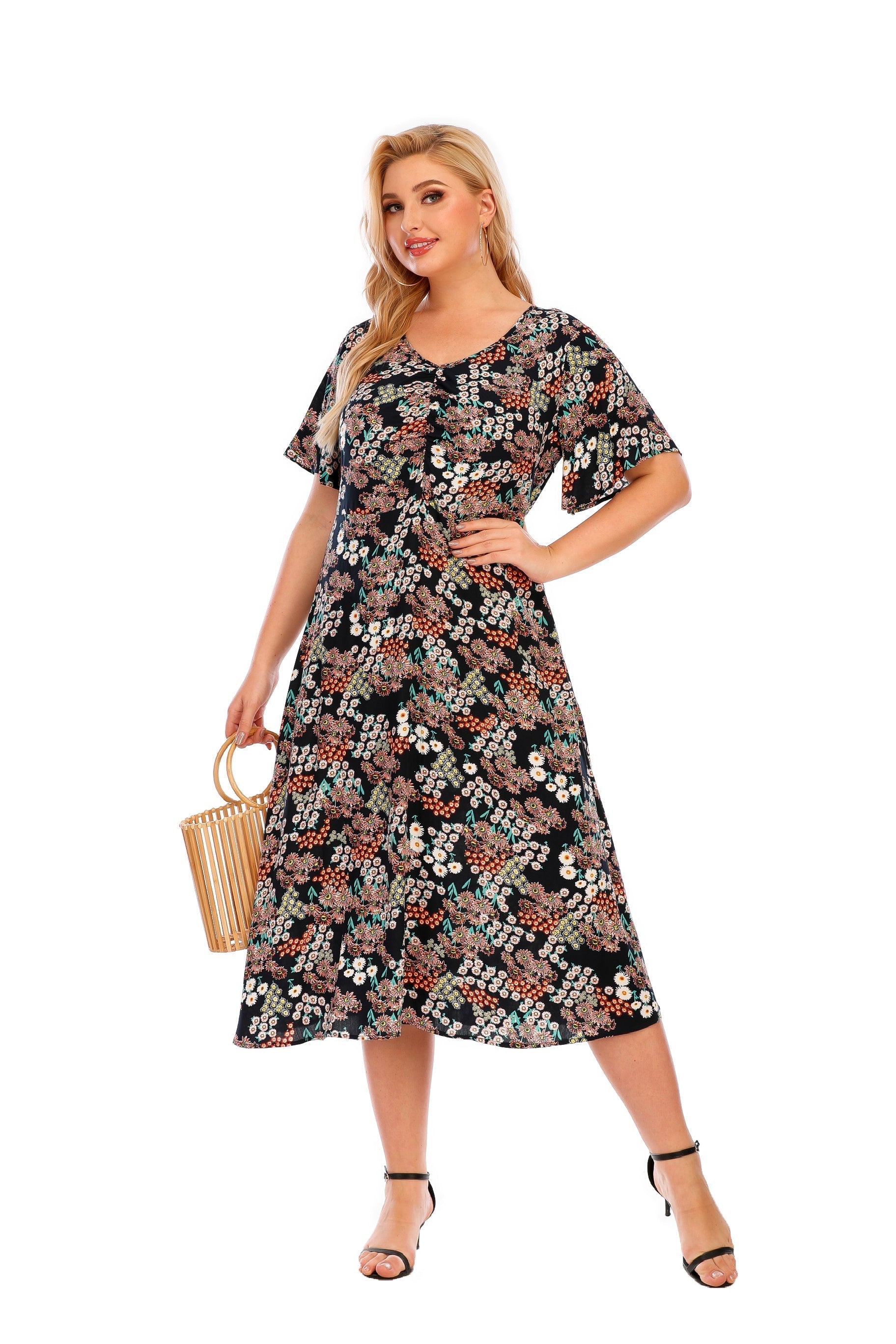 Women's Fashion Plus Size V neck Short Sleeve Floral Printed Midi Dress Sai Feel