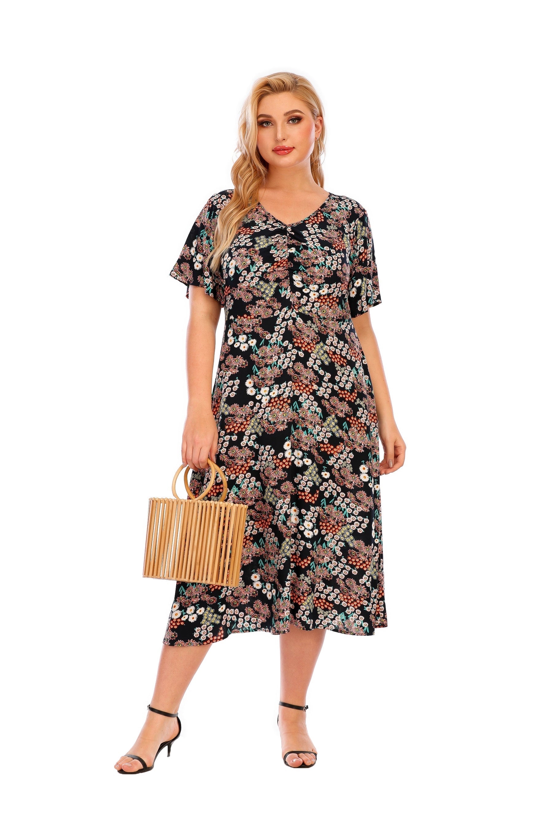 Women's Fashion Plus Size V neck Short Sleeve Floral Printed Midi Dress Sai Feel