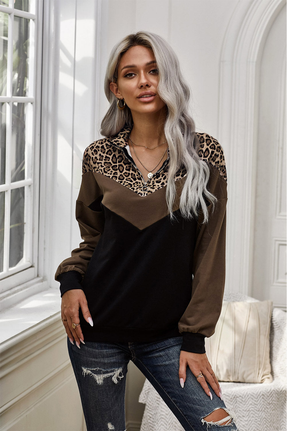 Women's Fashion Quarter Zip Leopard Print Splicing Colorblock Long Sleeve Pullover Sai Feel