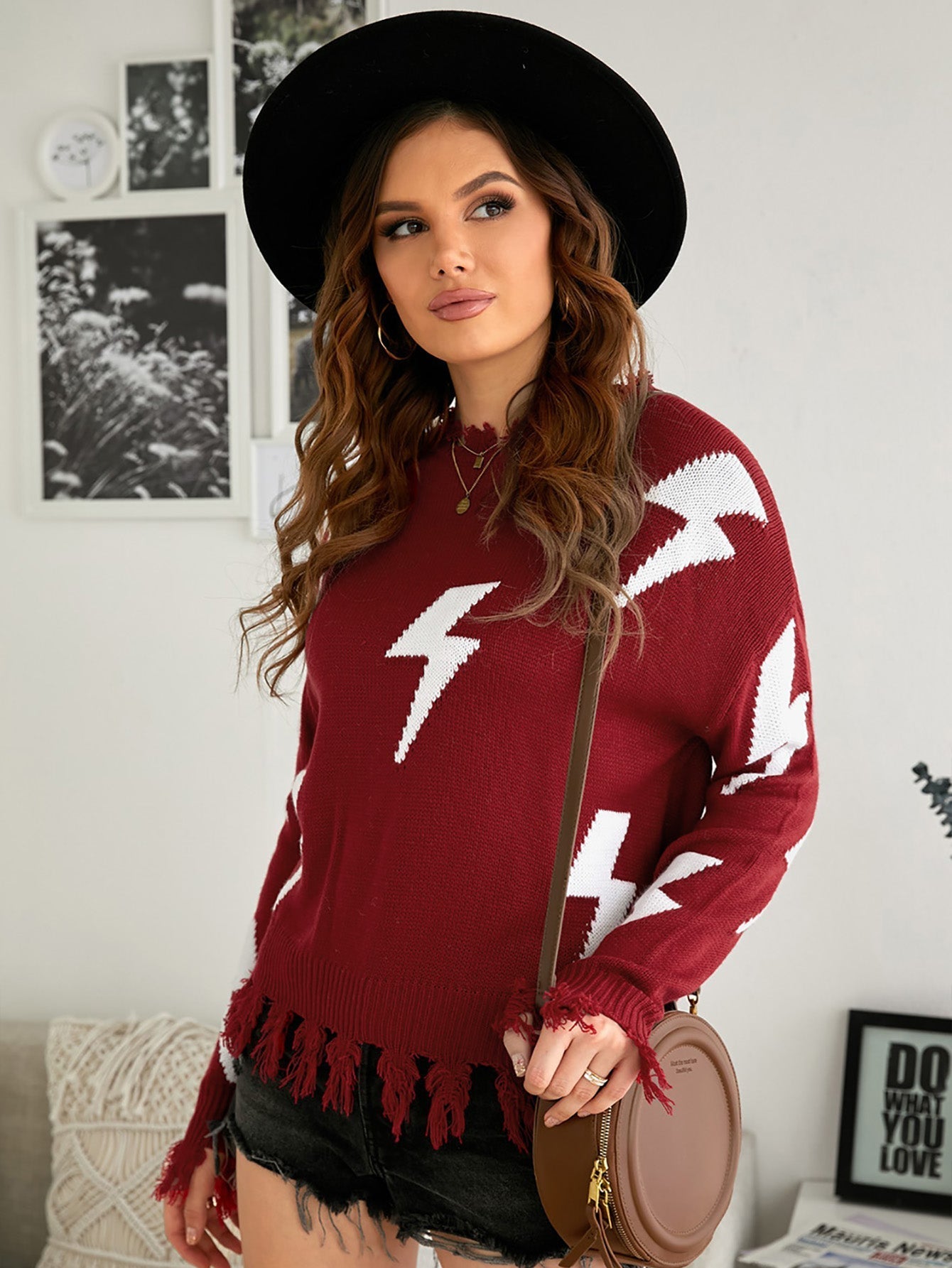 Women's Fashion Ripped Sweaters Crewneck Long Sleeve Loose Fit Printed Casual Knit Pullover Tops Sai Feel