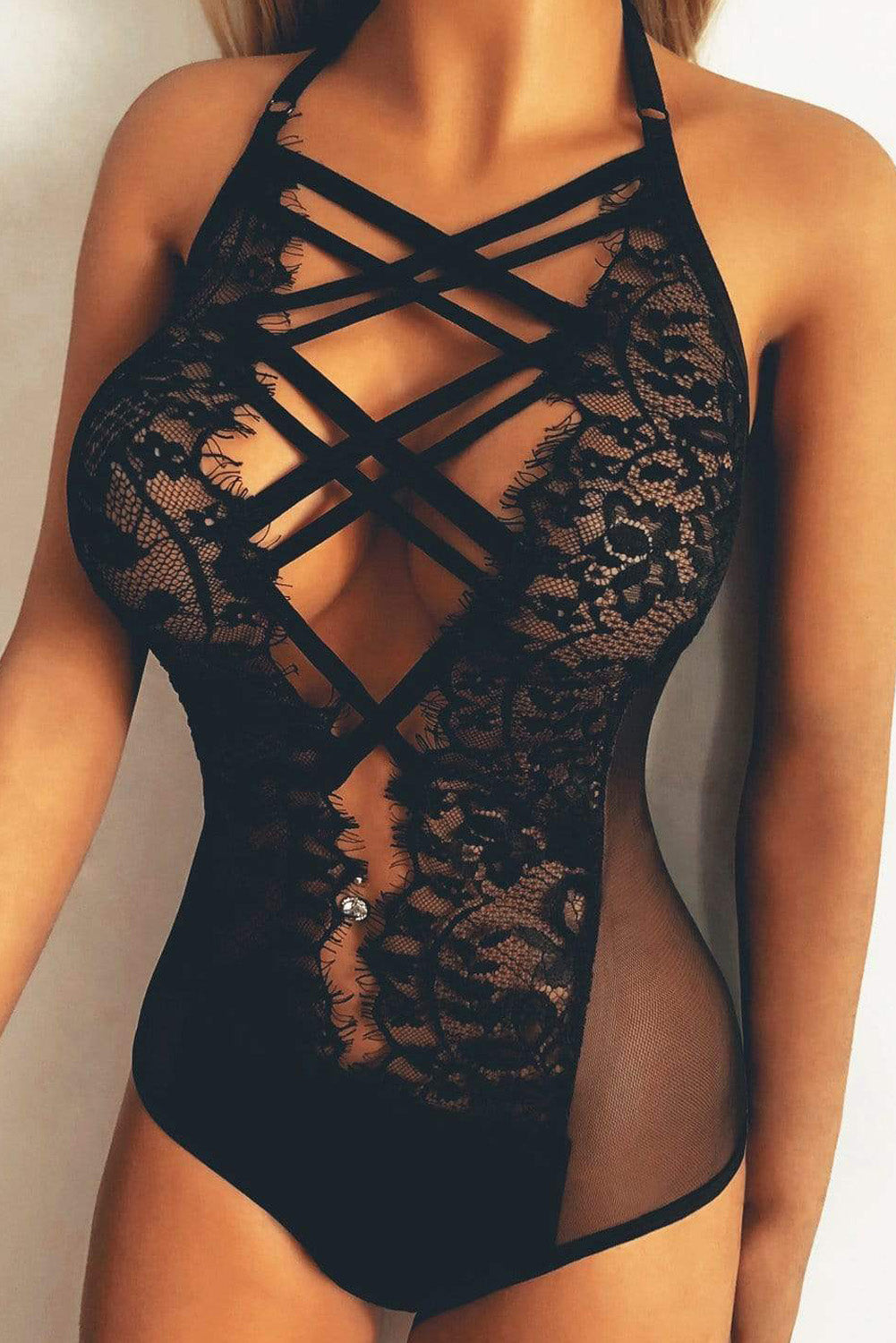 Women's Fashion Sexy Solid Color Strappy Bodysuit Sweet Darkness Lace Goth Lingerie Sai Feel